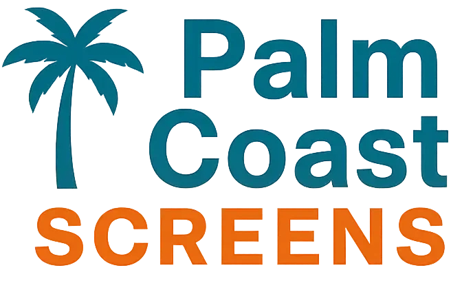 Palm Coast Screens logo with palm tree icon and bold orange text