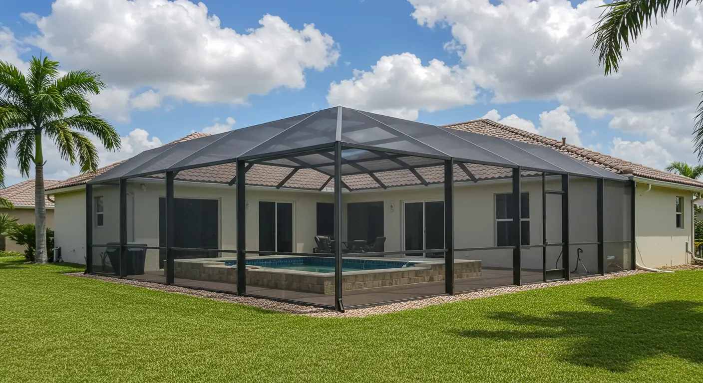 Pool screen enclosure installed over raised spa deck in Palm Coast, FL