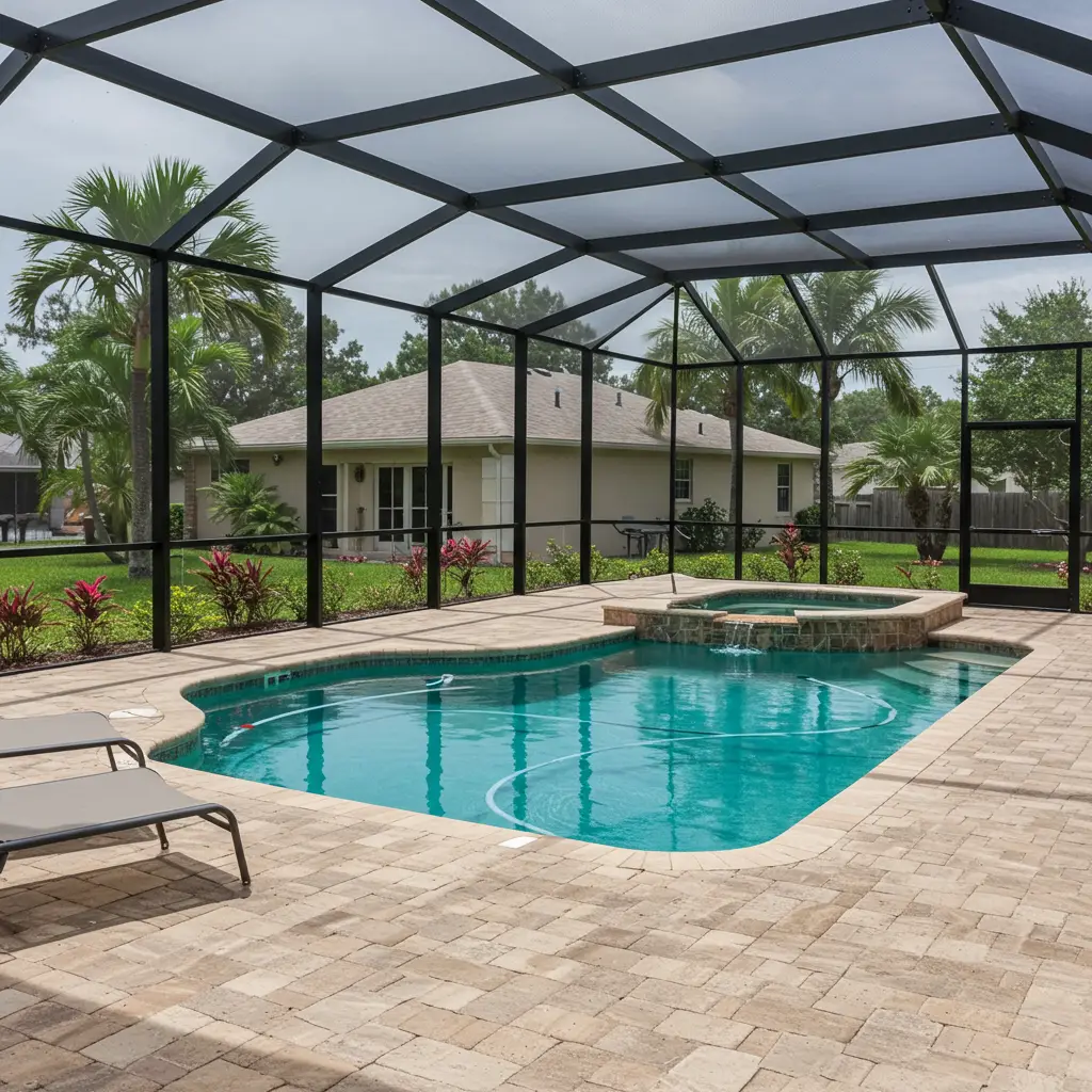 Modern pool screen enclosure in Palm Coast Florida with spa and paver patio