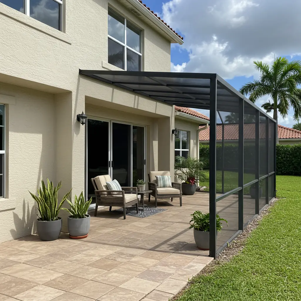 Modern patio screen enclosure with tan pavers and outdoor seating in Palm Coast, FL