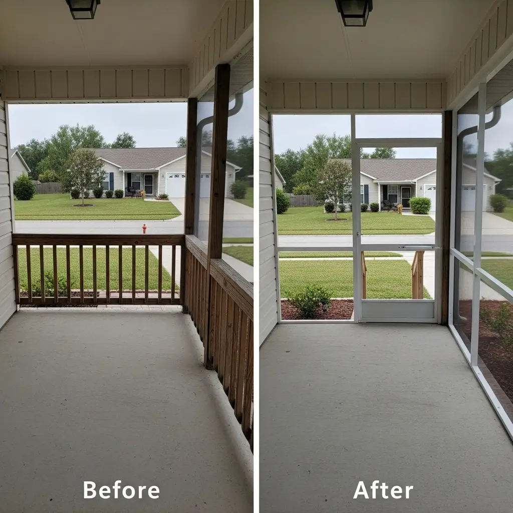 Before and after porch screen repair showing new screened enclosure installation in Palm Coast, FL