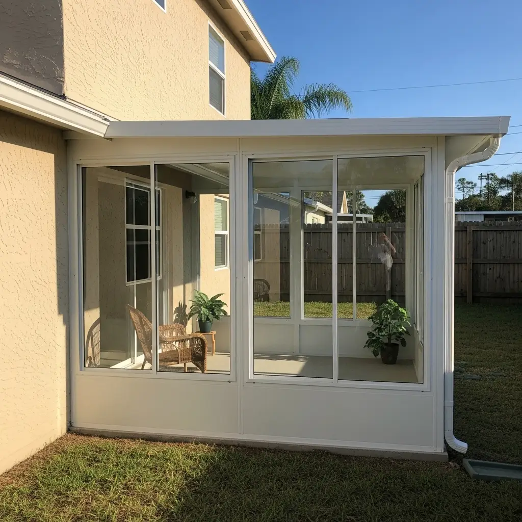 Residential patio enclosure installation with white aluminum framing in Palm Coast, FL