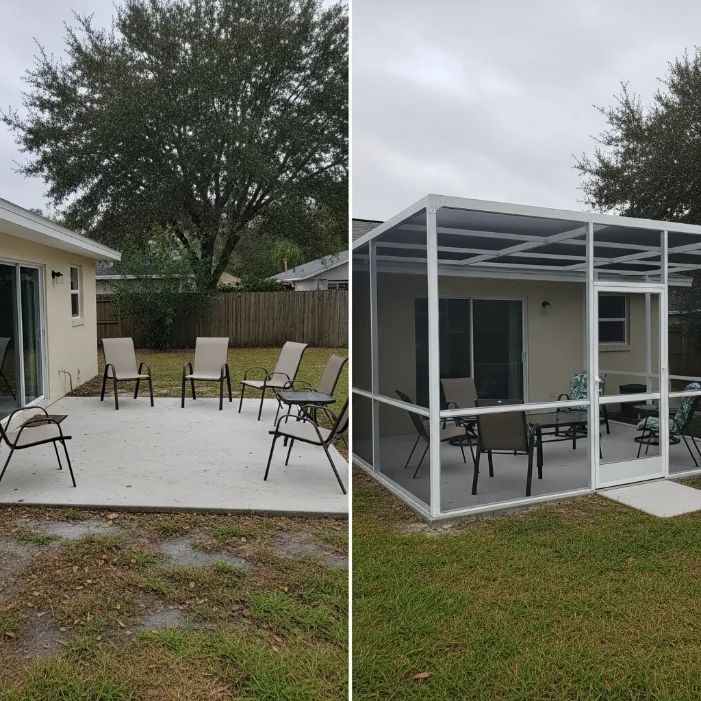 Before and after transformation showing new patio screen enclosure added to backyard in Palm Coast, FL
