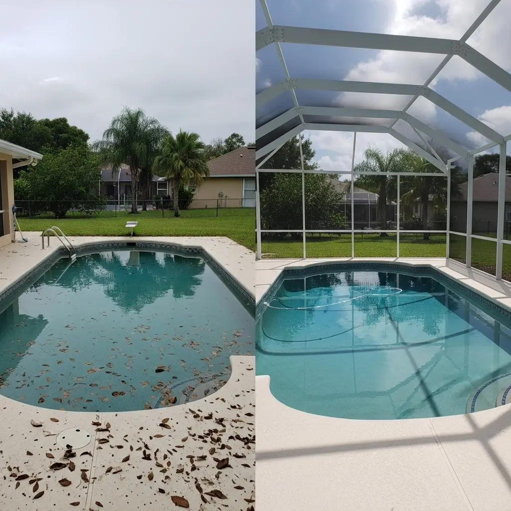 before and after pool enclosure screen installation keeping pool clean in Palm Coast, FL