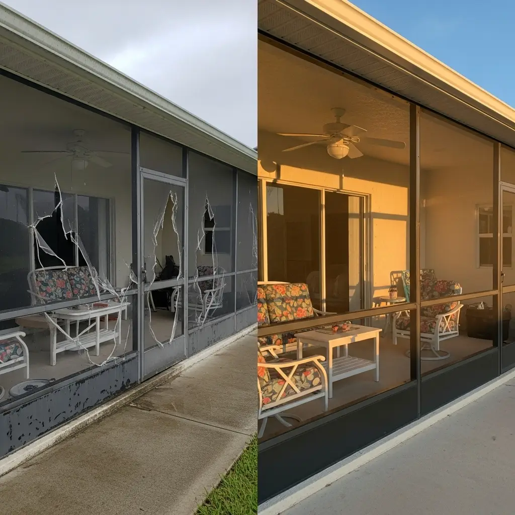 before and after porch screen repair showing restored outdoor enclosure in Palm Coast, FL