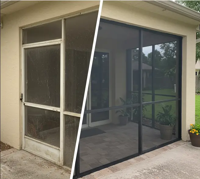 before and after screen door repair showing restored patio entrance in Palm Coast, FL