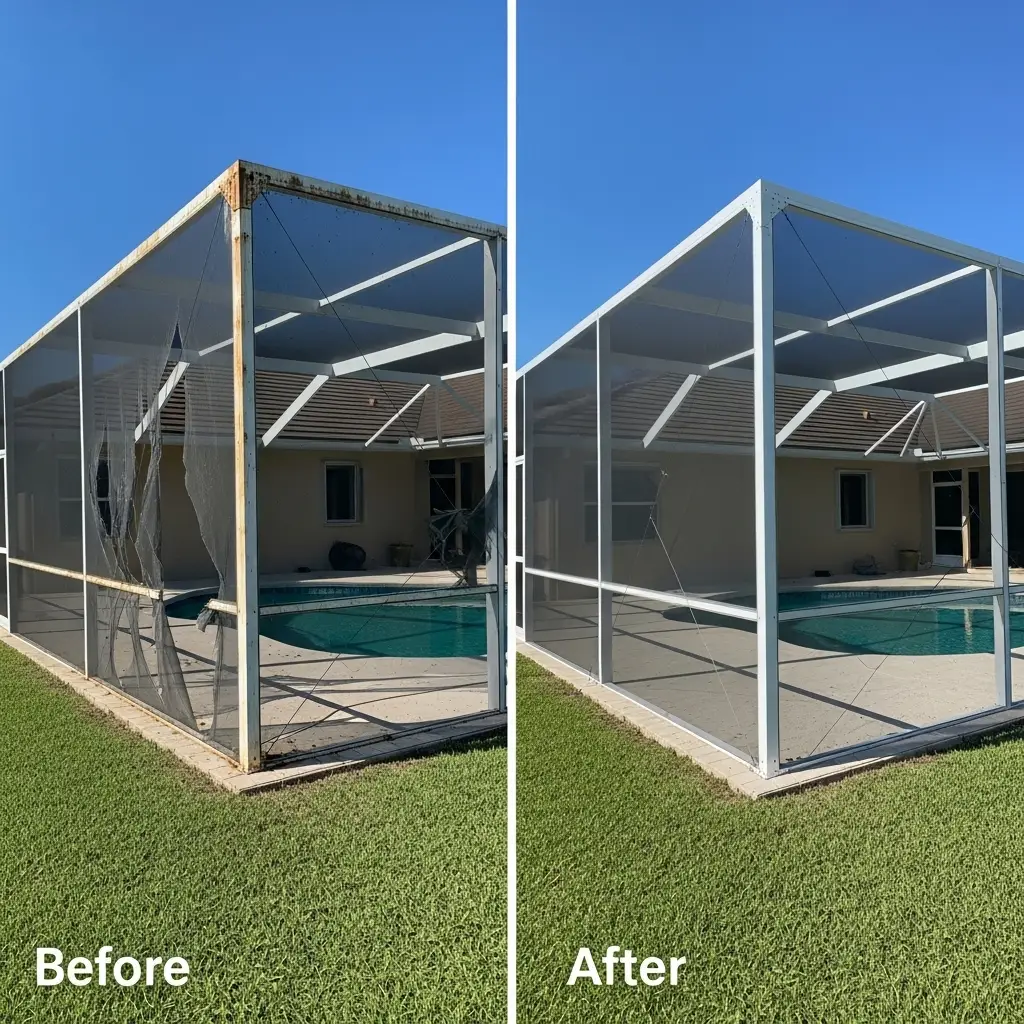 before and after pool screen replacement showing restored enclosure frame in Palm Coast, FL